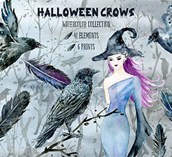 47张高清背景透明的北欧风万圣节巫婆/枯树/乌鸦PNG图片：Halloween Crows & Witch